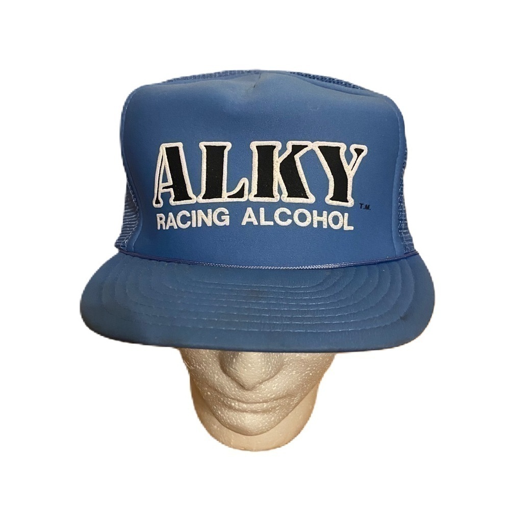 Vintage Alky Racing Alcohol Trucker Hat Mesh Snap Back Blue Rope Label Brim
